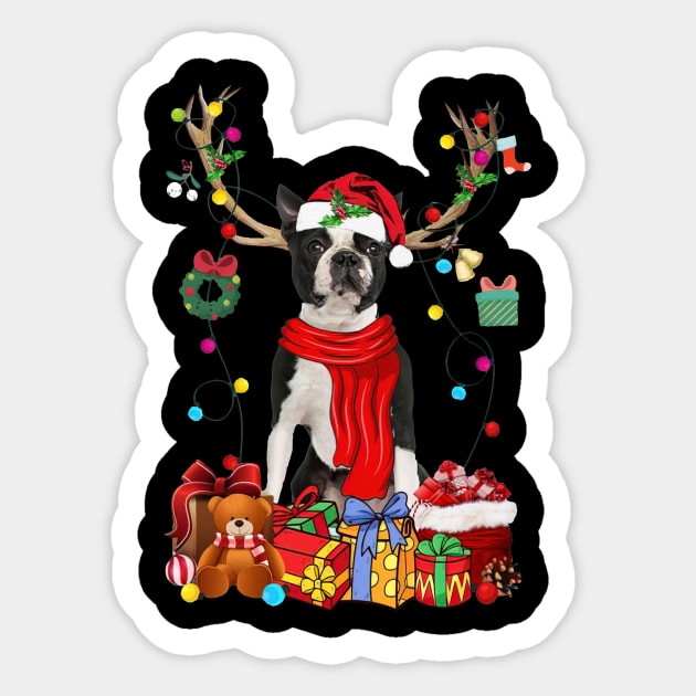 Black Boston Terrier Reindeer Santa Christmas Color Lights Sticker by cogemma.art